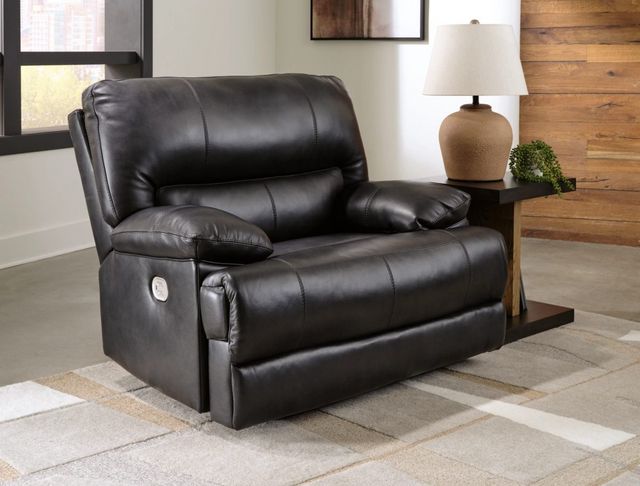 front view of a black leather oversized recliner