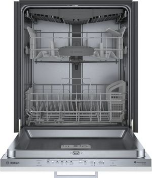 front view of an opened Bosch® 300 Series 24" Custom Panel Built In Dishwasher