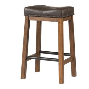 front view of the Denver 30" Backless Stool, a brown leather barstool with four wood legs