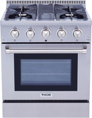 front view of the https://www.fusespecialtyappliances.com/product/thor-kitchen-30-stainless-steel-pro-style-dual-fuel-range-hrd3088ulp-937926