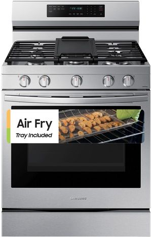 front view of the Samsung 30" Fingerprint Resistant Stainless Steel Smart Freestanding Gas Range