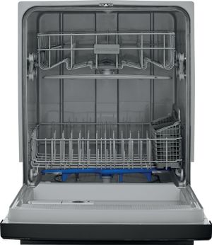 Interior tub of a Frigidaire black dishwasher 