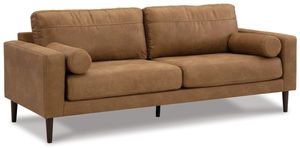 front left view of a modern contemporary sofa with two seats and two round pillows