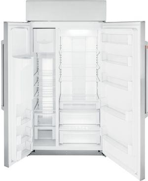 Café Stainless Steel Built In Counter Depth Side-by-Side Refrigerator Doors Wide Open