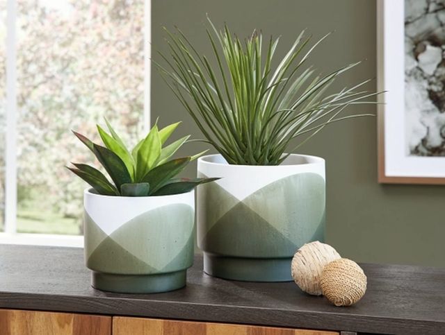 close view of two green and white plantholders with a plant in both and two small decorative balls beside