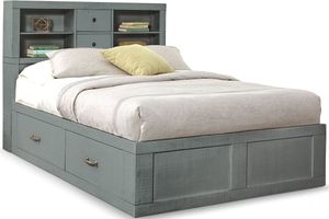 view of the Sunny Designs™ Ranch House Little Boy Blue Full Captains Bookcase Storage Youth Bed with a white comforter and matching pillows