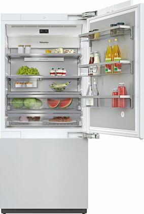 front view of the opened Miele MasterCool™ 19.6 Cu. Ft. Integrated Counter Depth Bottom Freezer Refrigerator