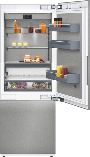 front view of an open Gaggenau 400 Series 30 in. 16.0 Cu. Ft. Stainless Steel Bottom Freezer Refrigerator