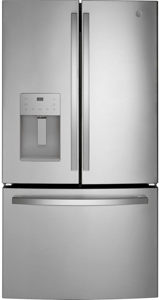 Front view of GE French door refrigerator 