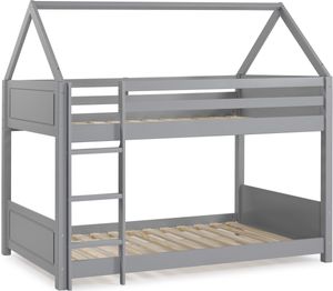 front left view of the Frank Twin Over Twin Bunk Bed, a grey wood twin canopy bunk bed