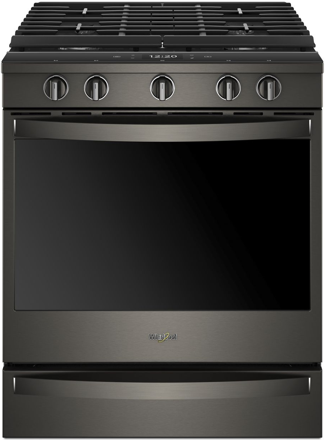 Stock image of a Whirlpool black stainless steel slide in gas range. 