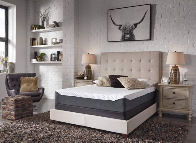 front view of a modern bedroom with white brick walls and a memory foam mattress from a box, styled in a white room with beige and gold accents