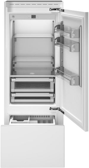 front view of an opened Bertazzoni 30 in. 15.5 Cu. Ft. Stainless Steel Counter Depth Bottom Freezer Refrigerator