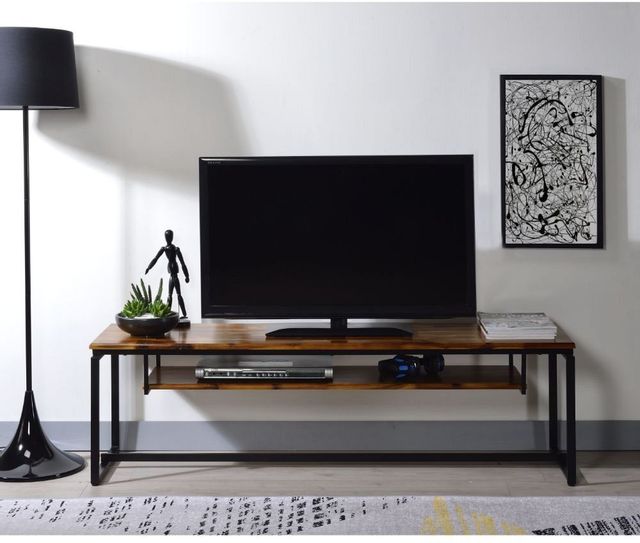 front view of a contemporary living room with a metal and wood tv stand with a tv off on top