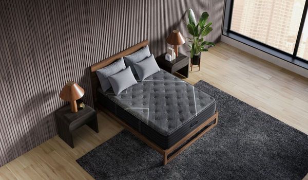 Bedroom featuring a black Beautyrest B-Class 13.75" Hybrid Medium Tight Top King Mattress