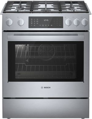 front view of the Bosch® 800 Series 30" Stainless Steel Slide In Dual Fuel Range