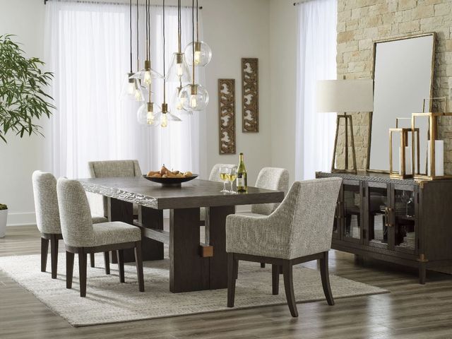 front view of a modern dining room with a modern dining room furniture set with a rectangle table and upholstered seats