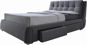 front right view of the Coaster® Fenbrook Grey Queen Storage Bed, a dark grey upholstered contemporary bed frame