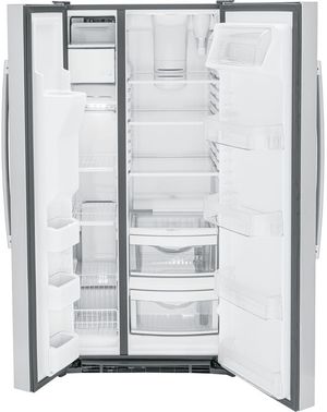 Interior of GE side by side stainless steel refrigerator