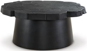 front view of the Mamba Cocktail Table, a black natural wood pedestal table