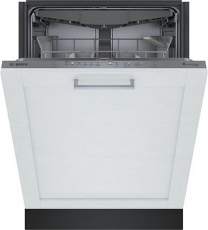 front view of a slightly opened Bosch® 300 Series 24" Custom Panel Built In Dishwasher
