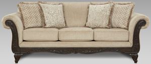 front view of a traditional beige sofa with four pillows on top
