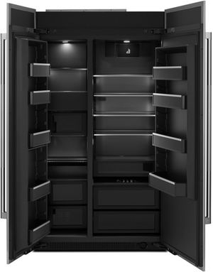 JennAir Panel Ready black Built In Counter Depth Side-by-Side Refrigerator Doors Wide Open