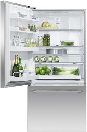 front view of the Fisher & Paykel Series 7 17.1 Cu. Ft. Stainless Steel Bottom Freezer Refrigerator with the top refrigerator door open to show green refrigerated items