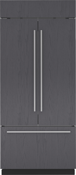 Slate colored Sub Zero French door refrigerator. 