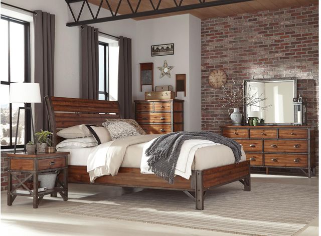 front view of a modern industrial bedroom with a wood bed frame and matching furniture