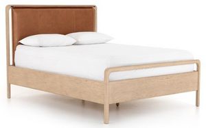 front left view of the Four Hands Rosedale Light Washed Oak King Upholstered Panel Bed