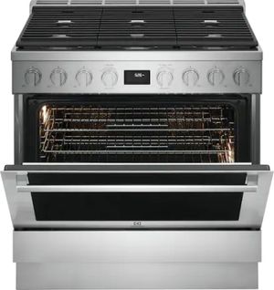 front view of a slightly opened Electrolux 36" Stainless Steel Dual-Fuel Freestanding Range