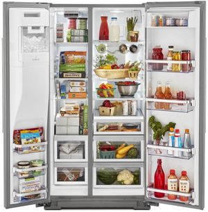 front view of an opened and stocked KitchenAid® 24.8 Cu. Ft. Stainless Steel with PrintShield™ Finish Side-by-Side Refrigerator