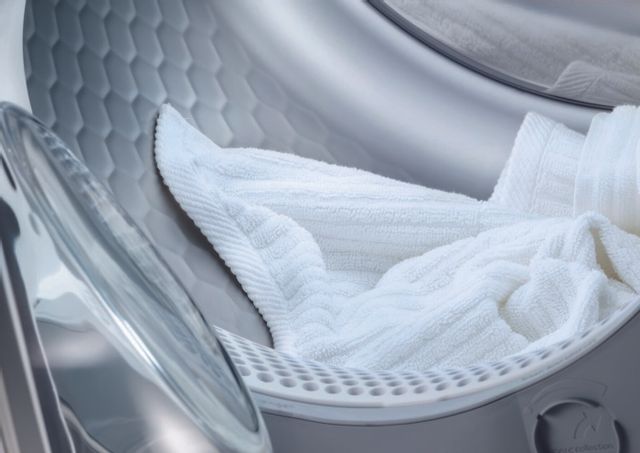 front view of the inside of a miele dryer with a white towel in it
