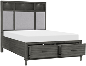view of the Homelegance® Wittenberry Gray Queen Platform Bed with a white mattress and three small led lights in the headboard