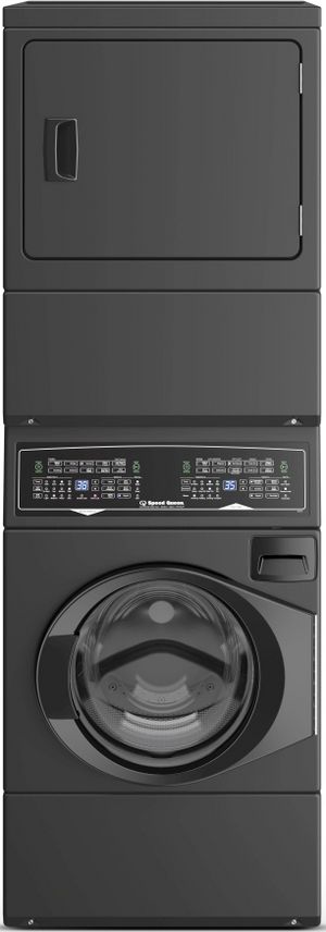 front view of the Speed Queen® SF7 3.5 Washer, 7.0 Cu. Ft Gas Dryer Matte Black Stack Laundry