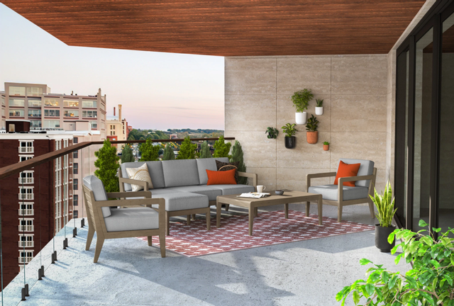 front view of a modern outdoor sofa with two matching chairs and a coffee table on a modern upscale outdoor city balcony