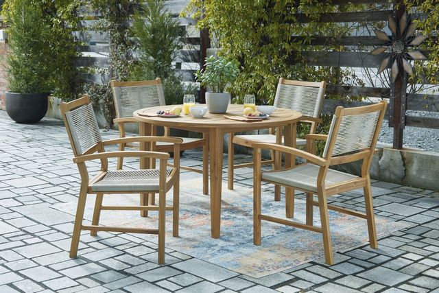 front view of a casual outdoor dining setup