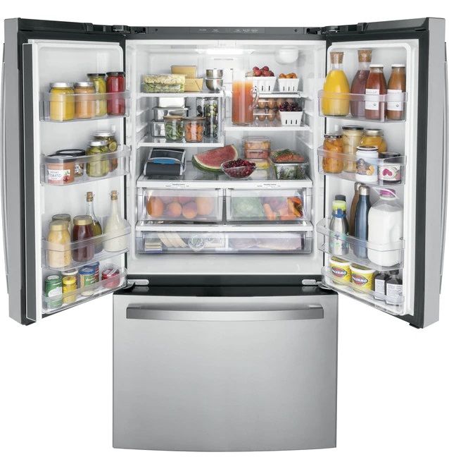 internal view of open GE French door refrigerator with food inside