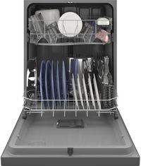 front view of the opened GE® 24" Stainless Steel Front Control Built In Dishwasher