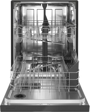 Interior of Maytag black dishwasher with trays pulled out