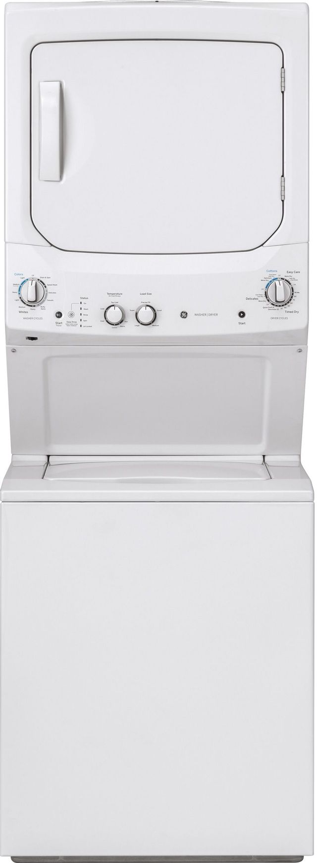 GE® GUV27ESSMWW 3.8 Cu. Ft. Washer, 5.9 Cu. Ft. Dryer on White Stack Laundry