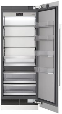 front view of an open Signature Kitchen Suite 30 in. 18.0 Cu. Ft. Panel Ready All Refrigerator