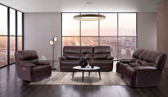 bright, modern living room with brown leather furniture