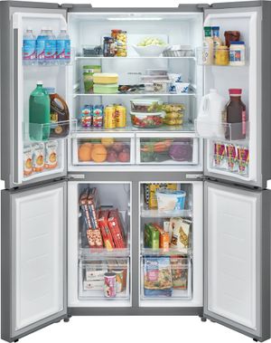 Frigidaire refrigerator with French doors open and food inside