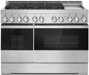 Stainless steel JennAir 48" gas range with double ovens