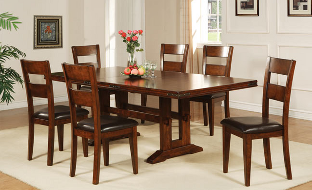front view of a transitional dining room with a wooden rectangular table and chair set