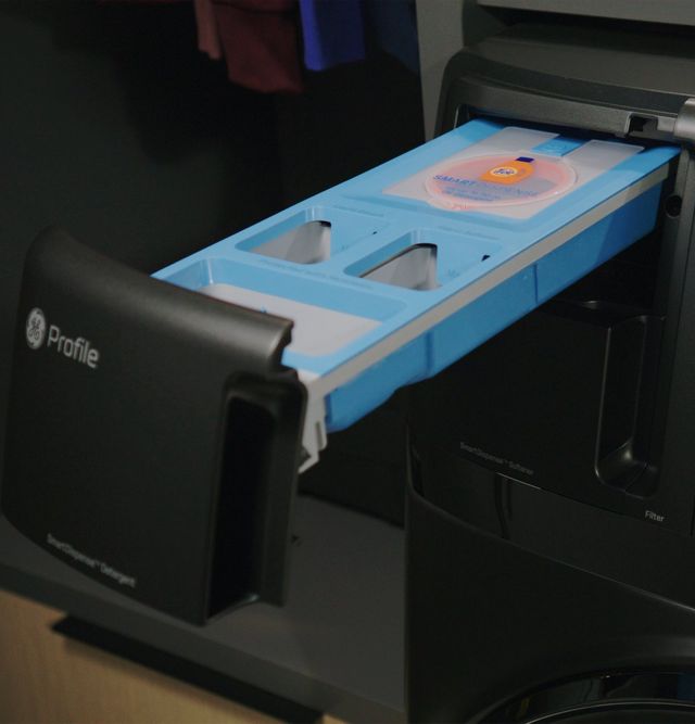 closeup view of the ge profile washer dryer combo detergent entrypoint
