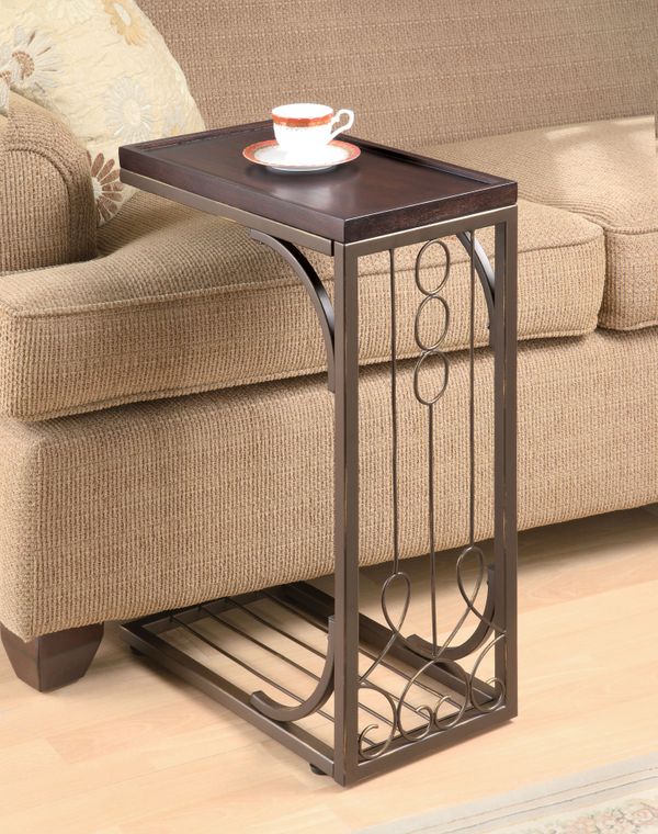 front view of a c-table near a beige sofa
