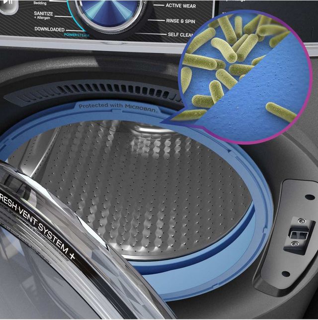 closeup view of the GE Profile micorban washer gasket and a zoom in showing how it reduces germs